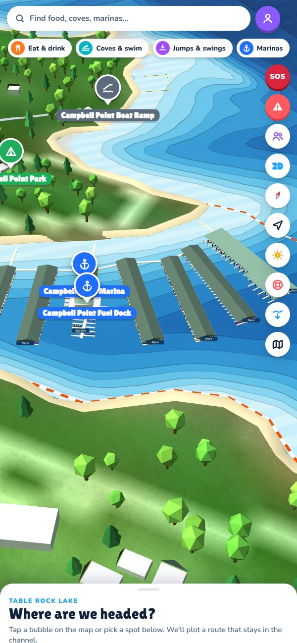 3D view of Indian Point Marina with docks, the boat ramp and park