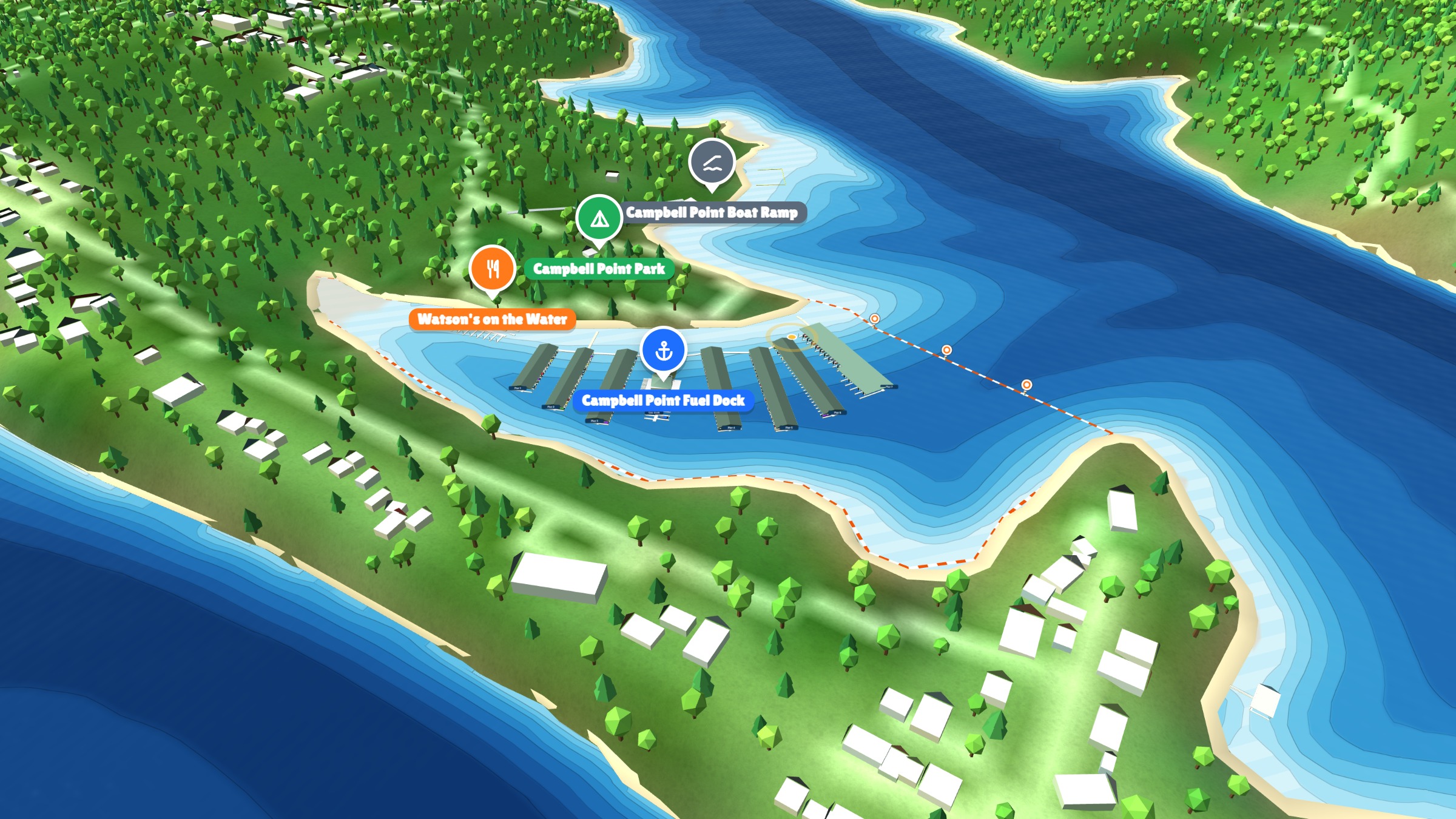 Campbell Point Marina in 3D: the piers, the fuel dock, the ramp and the park, seen from over the water